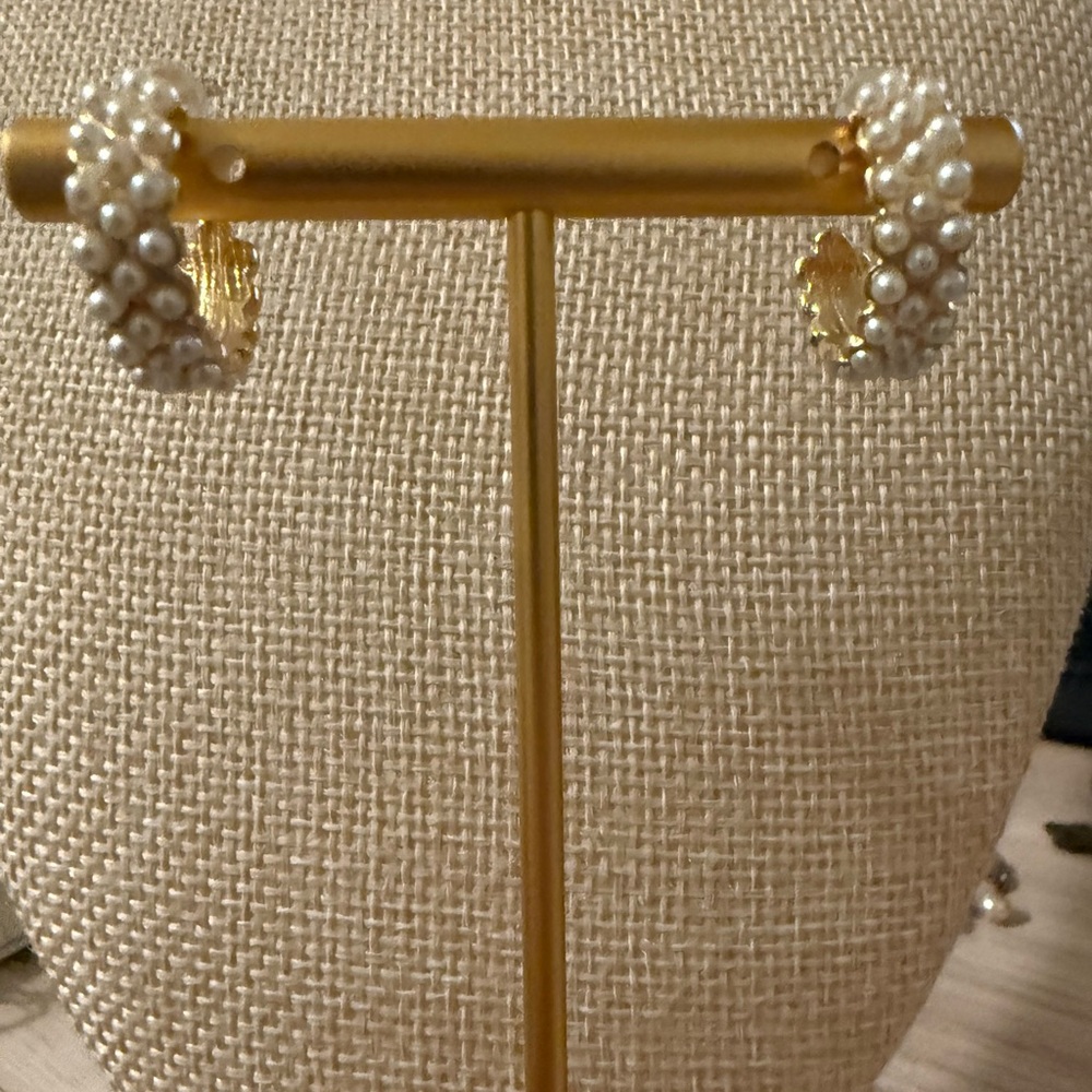 Gold Faux Pearl Triple Row Hoop Earrings C-Shaped Post‎ Back Classic Jewelry